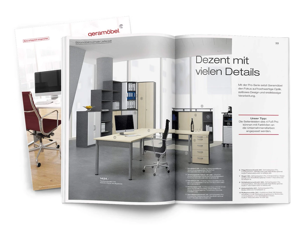 For Geramöbel, we created excellent product renderings for digital and print media. These visual contents are part of a detailed retail product catalog and showcase the quality and versatility of the furniture pieces.